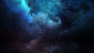 Das dunkelblaue Universum mit einem hellen Sternennebel.