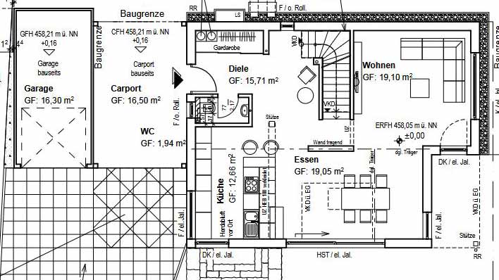 Beispiel für den Hausgrundriss eines Einfamilienhauses mit Garage, Carport, Diele, Küche, Essen und Wohnzimmer. Auf der Südseite befindet sich eine Terrasse.