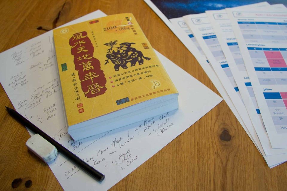 Die Ausarbeitung einer BaZi-Analyse erfordert fundiertes Fachwissen. Auf dem Bild siehst Du notwendige Unterlagen wie handschriftliche Notizen, ein Buch mit dem chinesischen Kalender (Jahre 1864 bis 2100) und ein Beispiel für eine fertige Analyse.